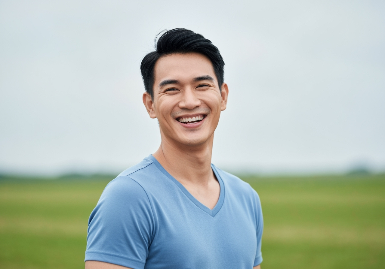 ลูกค้าชายกำลังยิ้มอย่างมีความสุขหลังจากใช้ผลิตภัณฑ์
